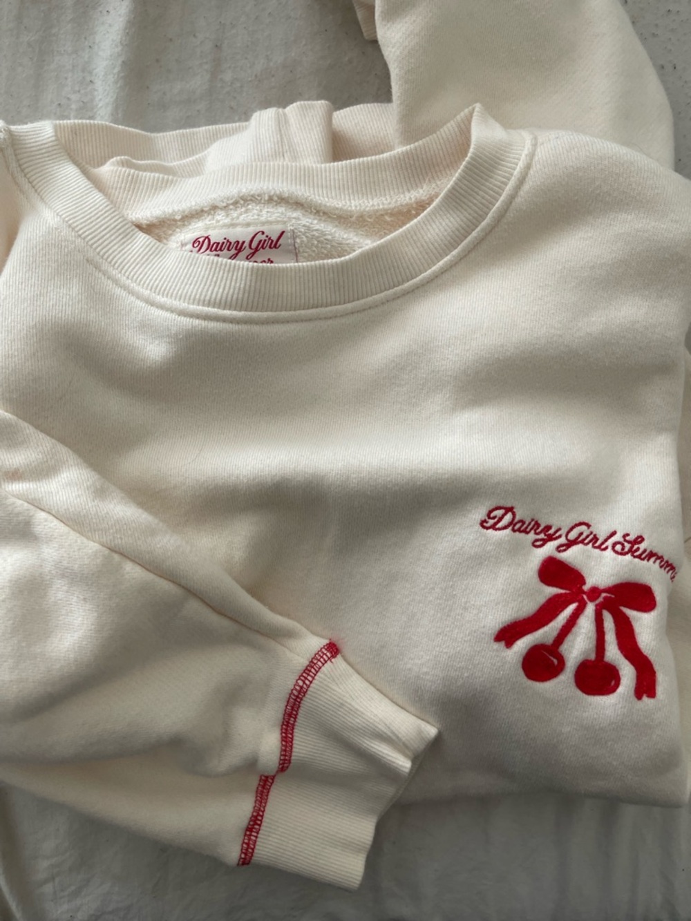Dairy Girl Cream Sweatshirt with Red Embroidery